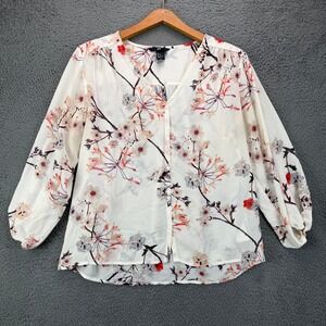 HM Womens Floral Button Front Blouse White Red V-Neck Long Sleeve Size 4 11449